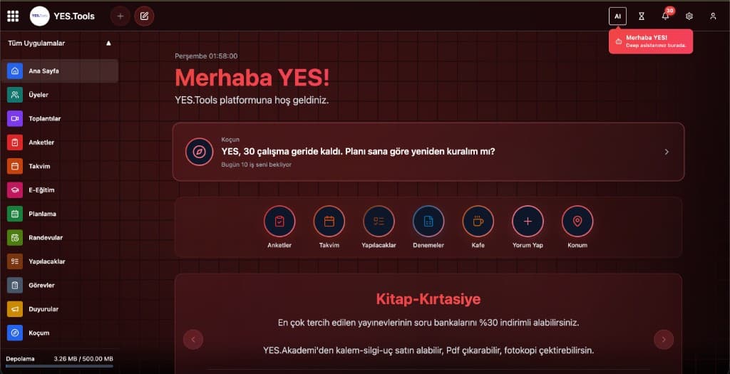 YES.Tools education platform dashboard with coaching and quick actions